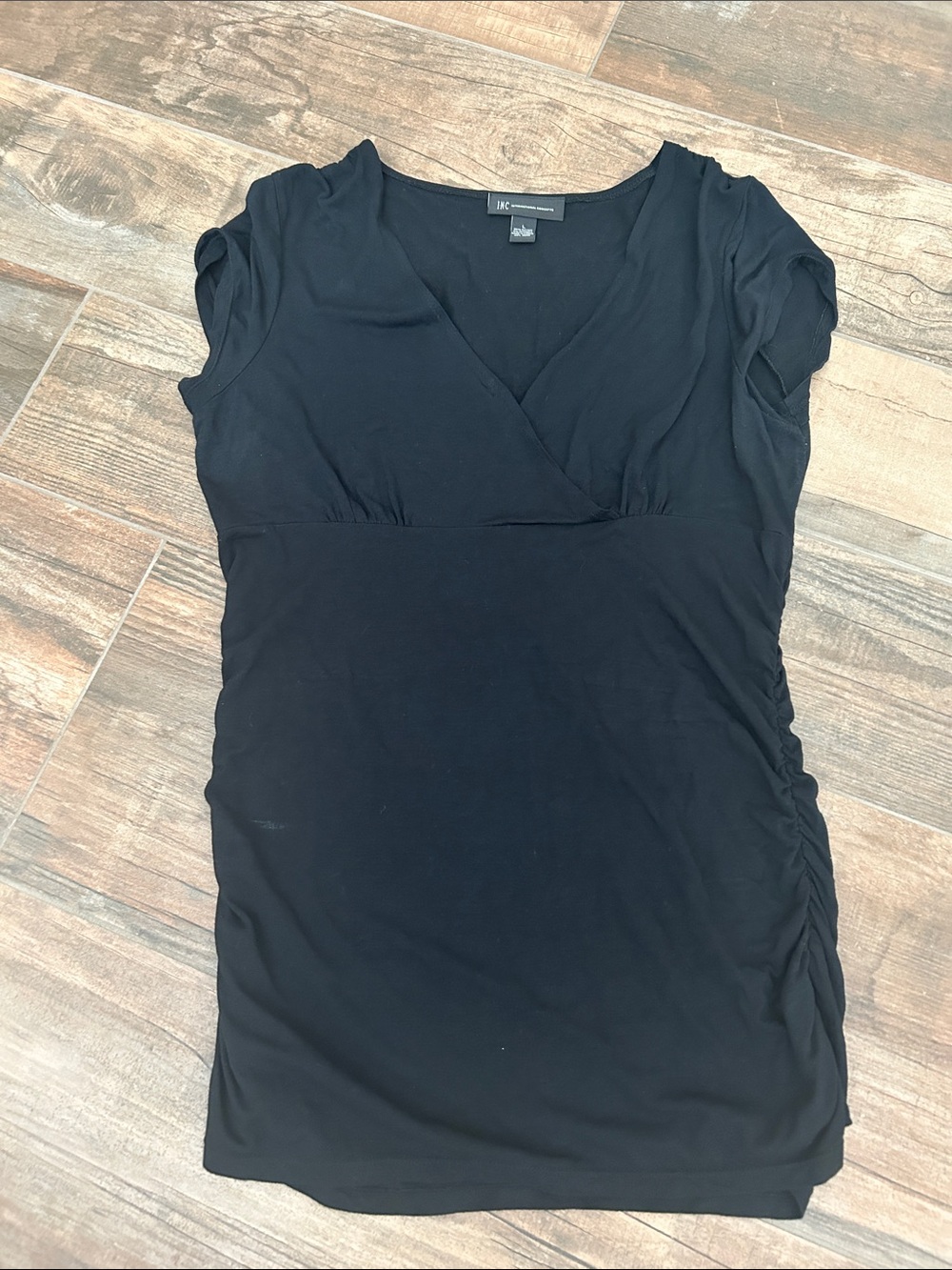 INC Black V-Neck Ruched Side Tunic Top